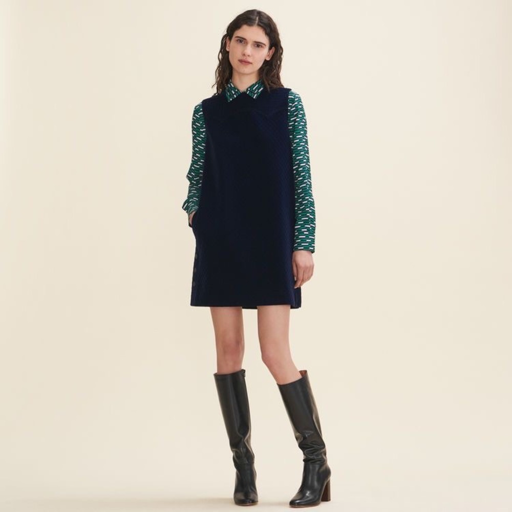 Maje quilted velvet blue shift dress “Rivera Marine” size 2